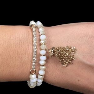 White and Gold Tone Beaded Tassels Bracelet